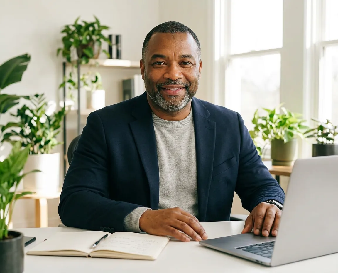 Business coach smiling at his desk beside a laptop and notebook