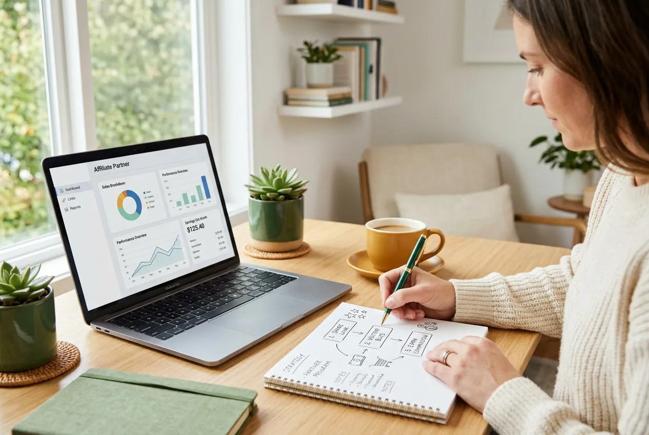 Beginner mapping out affiliate marketing steps beside a laptop