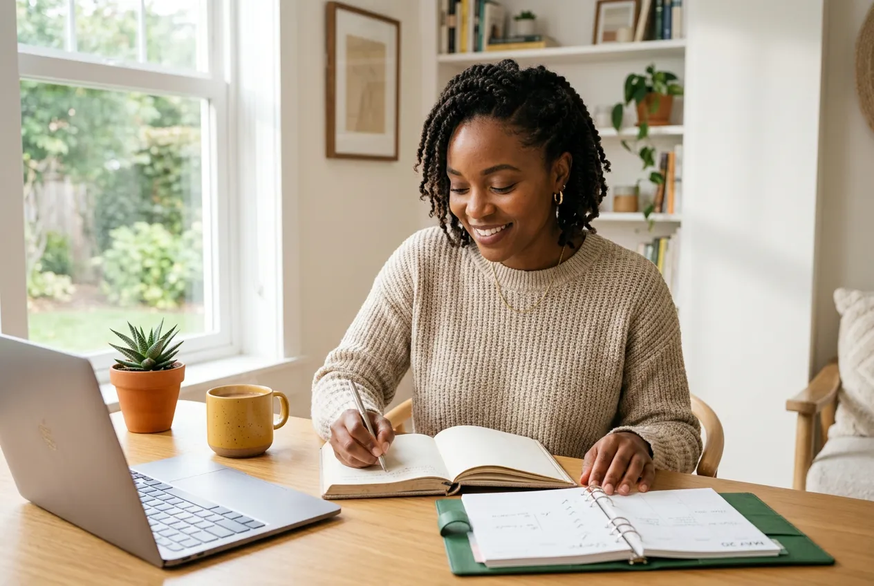 Entrepreneur planning daily goals in a notebook