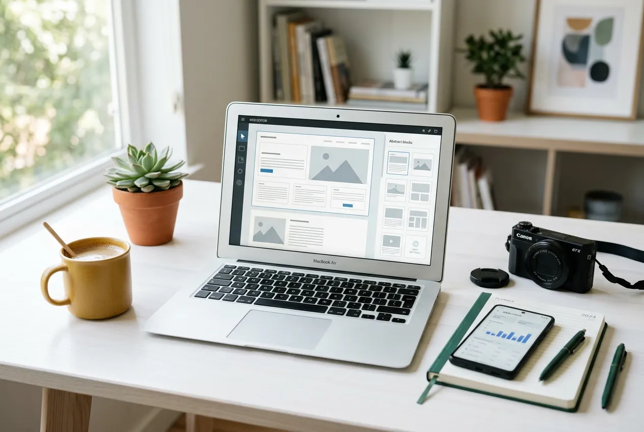 Laptop website editor, camera, and smartphone on a home-office desk
