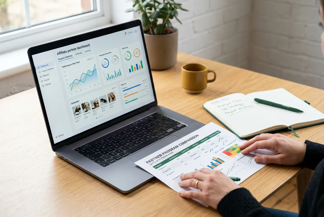 Reviewing affiliate partner programs at a laptop