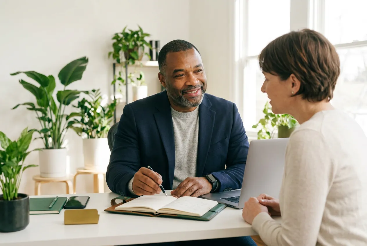Business coach mentoring a client over a notebook