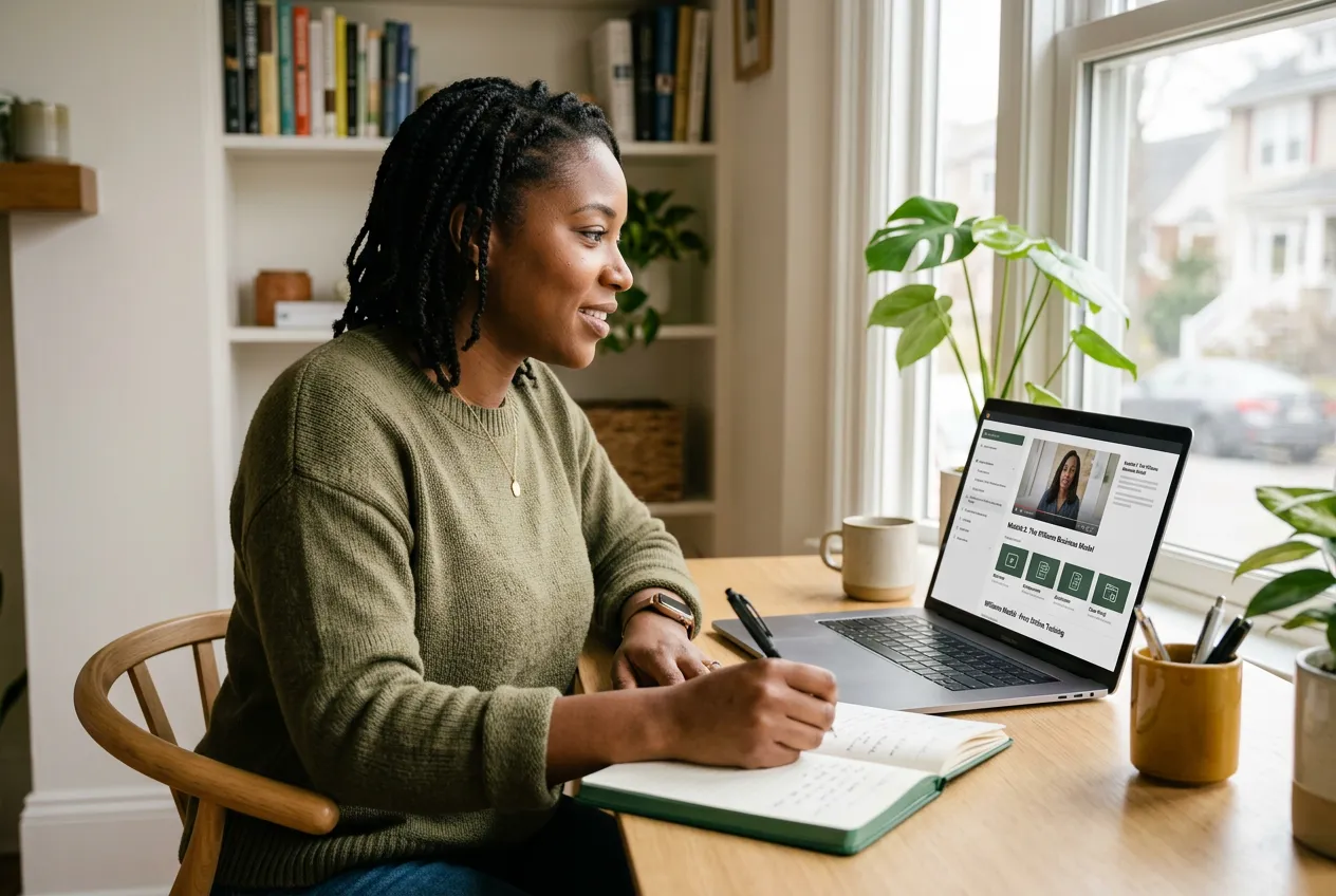 Online learner taking notes during a laptop training session